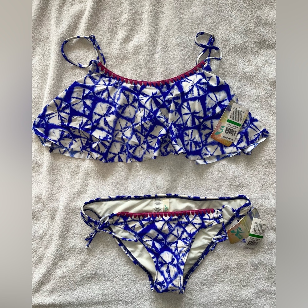 NEW - Hobie Surf Shop - Girls Blue & White Tie-Dye Ruffle Two-Piece Swim Set